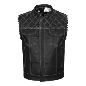 เสื้อกั๊กมอเตอร์ไซค์ขายส่ง แบบสั่งทำพิเศษสำหรับผู้ชาย หนังวัวแท้ เกรด A ผ้าผสมหนัง สำหรับขี่มอเตอร์ไซค์ เสื้อกั๊กหนังสำหรับนักขี่มอเตอร์ไซค์ - Product Image 1