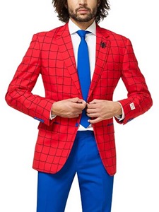 High Quality Mens <b>Red</b> Spiider-Man Print Blazer <b>Suit</b> With Blue Pants And Tie British Style Formal Wear - Product Image 2