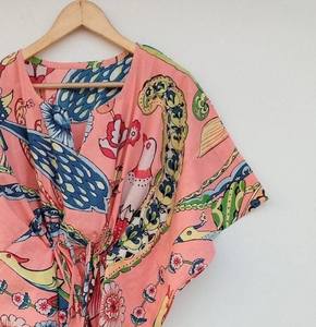 Robe Kaftan ample à imprimé floral vintage pour femmes, col en V, manches 3/4, 100% coton, style bohème indien fait main, plage - Product Image 3