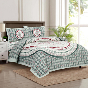 Cubrecama Floral Golcha de Algodón con Estampado a Mano, 200 Hilos, Antiácaros, para Todas las Estaciones, Personalizable, Juego de 3 Piezas, Estilo Boho Artesanal - Product Image 1