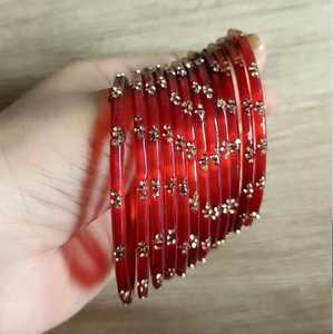 <b>Red</b> glass Bangles Set With Crystal Rhinestone Flower Pattern Ethnic Style Women's Jewelry - Product Image 1