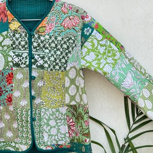 Veste matelassée en coton pour femme, patchwork floral, manches longues, col en V, fermeture boutonnée, vêtement d'extérieur printemps - Product Image 3