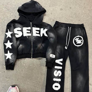 Conjunto de Sudadera Corta con Cremallera y Pantalones de Chándal de Pierna Recta, Color Lavanda, Estilo Casual, Lavado Vintage, 100% Algodón Felpa, Streetwear, Personalizado - Product Image 2