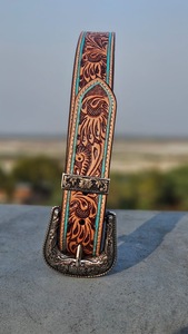 Handcrafted Vintage Floral Tooled <b>Cow</b> Hide Western Cowboy Belt with Turquoise Edge Detailing and Waterproof Rodeo Buckle Style - Product Image 2