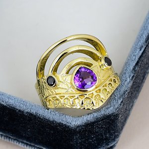 Solid 925 Sterling Silver Amethyst Cocktail <b>Ring</b> Bezel Set Gold Plated Geometric Band <b>Crown</b> Shape Heart Cut Gemstone Men <b>Ring</b> - Product Image 1