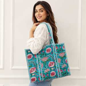 Sac fourre-tout en coton imprimé floral bohème pour femme, style vintage, avec fermeture éclair, pliable, léger, réutilisable, écologique, grand format - Product Image 2
