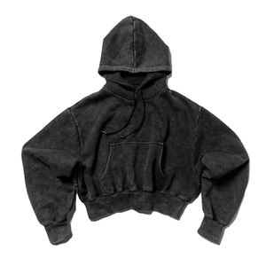 Sweat-shirt à capuche court en molleton délavé à l'acide, manches classiques, tricoté, pour femme, décontracté, hiver, coupe ajustée, respirant, polyester - Product Image 1