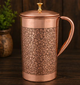 Pichet à eau en cuivre artisanal avec motif floral gravé, design traditionnel, grande capacité, usage domestique, antique, indien, ayurvédique - Product Image 5