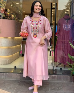Best Selling Women's Pink Color Chanderi Silk Embroidery <b>Kurti</b> with Chanderi Silk Pant Organza Dupatta Set - Product Image 5