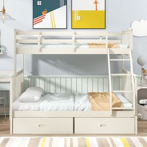 Letto a castello matrimoniale in legno color crema con cassetti contenitore, scaletta e sponde di sicurezza - Product Image 2