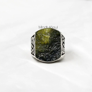 Vintage Style Raw Moldavite <b>Ring</b> | Sterling Silver Men's <b>Statement</b> <b>Ring</b> | Certified Natural Gemstone Boho Jewelry Gift | 2026 - Product Image 1