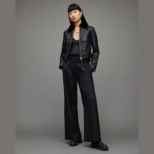 Blouson court en cuir véritable tendance pour l'hiver, chauffant, imperméable, à manches longues, pour femme, style motard, avec fermeture éclair - Product Image 5