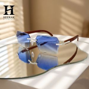 Luxury Rimless Cut Edge Diamond Sunglasses Men Women Patterned <b>Wood</b> <b>Temples</b> Blue Gradient Lens Eyewear - Product Image 1
