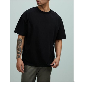 เสื้อยืดคอกลมแขนสั้นสีดำสำหรับผู้ชาย ผ้าฝ้ายเจอร์ซีย์ 100% ทรงปกติ สวมใส่สบาย สีพื้น ผ้าถัก - Product Image 5