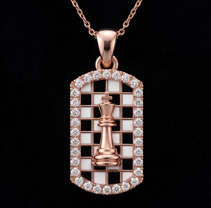 Collar con Colgante de Rey de Ajedrez en Oro Rosa con Diamantes Cultivados en Laboratorio, Joyería para Regalo o Fiesta, Colgante Esmaltado - Product Image 1