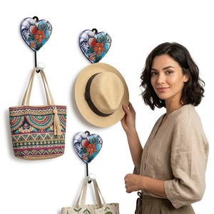 Handmade Ceramic Heart Wall Hook With Floral Pattern Vintage Style Single Hook For Keychain <b>Hanger</b> - Product Image 4