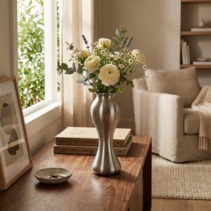 Vase à fleurs artisanal en laiton satiné argenté et acier inoxydable de 26 cm, design taille cintrée, pour la décoration intérieure, les hôtels, les mariages et les tables - Product Image 2