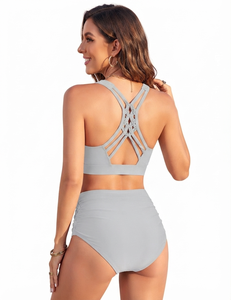 Woman Lite Gray High Waisted Bikini Set Two Piece Swimsuit Tummy Control <b>Cross</b> Wrap Crop <b>Top</b> Bathing Suit Summer Beachwear - Product Image 2