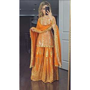 Conjunto de traje de fiesta de diseñador para mujer con top-Plazzo y Dupatta Trabajo de bordado pesado - Product Image 1