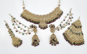 Mehandi Plated <b>Indian</b> Bridal <b>Jewelry</b> <b>Set</b> With Maang Tikka Necklace Earrings Ethnic Flower Pearl Rhinestone Wedding Party Wear - Product Image 5