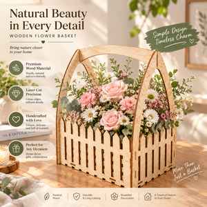 Premium Laser Cut <b>Wooden</b> Flower <b>Basket</b> with Handle – Natural Birch Plywood Decorative Gift <b>Basket</b> - Product Image 3