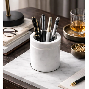 Wholesale 2 Pieces Square Shape <b>White</b> marble <b>Pen</b> holder For home Office School Desk Use With Custom Logo & packaging - Product Image 4