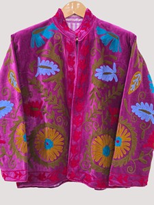 Hand Embroidered Floral <b>Velvet</b> Jacket Mandarin Collar Full Sleeve Plus Size Women's Winter Blouson Coat - Product Image 4
