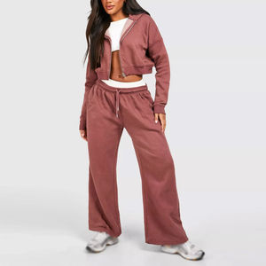 Conjunto de Sudadera Corta con Cremallera y Pantalones Anchos para Mujer, Cintura Elástica, Chándal Informal para Descansar, Venta al por Mayor de Chándales Elegantes para Mujer - Product Image 6