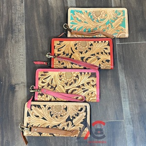 Premium Red Leather Hand Tooled Floral Design <b>Women</b> Clutches High Quality Genuine Leather Card Holder Detachable Wristlet <b>Purse</b> - Product Image 1