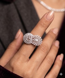 Anillo de Lujo con Circonita Cúbica, Anillo de Cóctel con Diamantes Baguette Plateados, Anillo Ajustable con Flor Paisley Grande para Mujer - Product Image 2