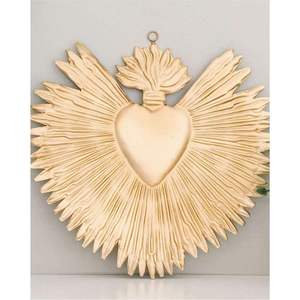 Gold Brass Sacred Heart Wall Sculpture <b>Large</b> Winged Heart Milagro Plaque Religious Mexican Folk Art Decor - Product Image 1