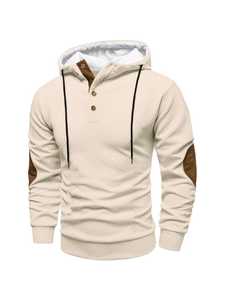 Sudadera con Capucha Beige para Hombre, Corte Regular, Color Sólido, Cuello con Botones, Estilo Casual, Manga Larga, Tejido de Algodón, Estilo Otoñal - Product Image 1