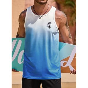 Camiseta sin mangas para hombre, degradado azul y blanco, cuello redondo, secado rápido, informal, con estampado de palmeras - Product Image 4