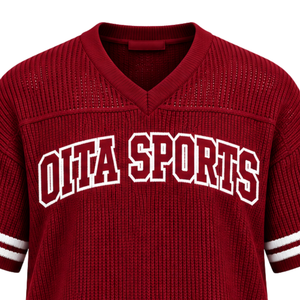 Crimson Red Knit <b>V</b> <b>Neck</b> Sports Jersey Short Sleeve <b>White</b> Stripe Detail Custom Oversized Casual Athletic Performance Team <b>Shirt</b> - Product Image 6