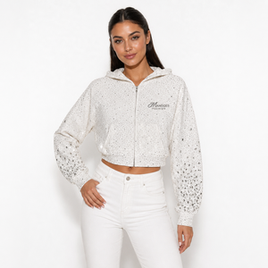 Ensemble deux pièces streetwear hiver uni en molleton de coton brossé doux lavé avec strass, comprenant un sweat à capuche zippé et un short - Product Image 3