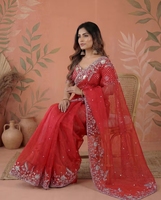 Sari traditionnel KV en viscose et organza rouge orné de sequins, réversible, infroissable, séchage rapide, pour fêtes et mariages
