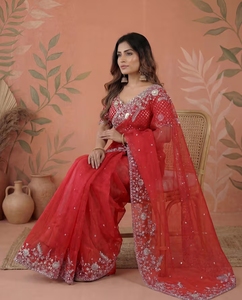 KV <b>Red</b> Embellished Sequined Organza Saree With Unstitched <b>Blouse</b> - Product Image 1