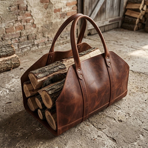 Sac de transport pour bois de chauffage en cuir véritable et bois, robuste, fait main, style rustique, porte-bûches pour cheminée LWC-0020 - Product Image 4