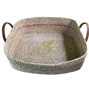 <b>Rectangular</b> water hyacinth storage <b>basket</b> featuring a braided design and faux leather handles - Product Image 2