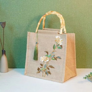 Natural Fiber Jute Hand Bag with Cotton Handles Reusable Eco Friendly Shopping Tote Bag - Product Image 1