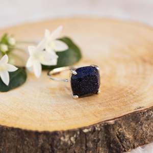 Anillo Grande de Piedra Arenisca Azul, Plata de Ley 925, Chapado en Oro Amarillo, Joyería con Gema Audaz, Anillo de Moda Único - Product Image 3