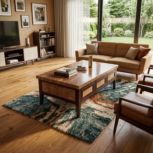Table basse rectangulaire en bois massif de style rustique moderne avec plateau en parquet incrusté, cadre en bois brun foncé, table d'appoint pour salon - Product Image 3