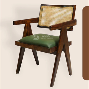 Nouvelle Arrivée Chaise de Salle à Manger Moderne du Milieu du Siècle avec Dossier en Rotin et Cane, Pieds en Bois Massif 100% et Assise Rembourrée en Cuir Doux - Product Image 2