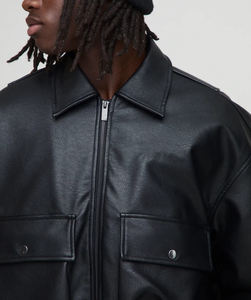New Article <b>Men's</b> Black PU Leather <b>Bomber</b> <b>Jacket</b> Turn-down Collar Zipper Closure Front Logo Print Regular Fit Autumn Wear - Product Image 5