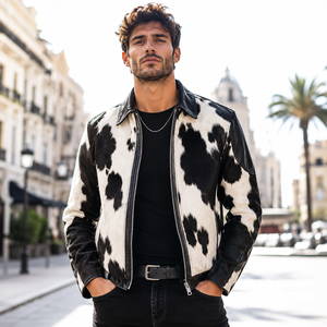 Wholesale LEATHER SPOT High Quality Cow Hair Leather Breathable Casual Bomber <b>Jacket</b> <b>Men's</b> Plaid Pattern <b>Summer</b> Zipper Closure - Product Image 4