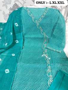 Ensemble de 3 pièces en coton pur Lehriya Bandhani de qualité supérieure pour femmes |   Tissu traditionnel indien pour vêtements ethniques - Product Image 4