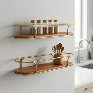 Brass Finish Metal Wall Shelf with Wooden Panel Decorative Floating Display <b>Rack</b> <b>Storage</b> Organizer for <b>Kitchen</b> Bathroom Entryway - Product Image 3