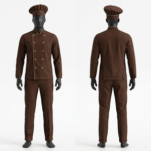 Ensemble veste et pantalon de chef unisexe en coton sergé premium 200 GSM marron, double boutonnage, avec logo personnalisé en relief, vêtements de cuisine - Product Image 1