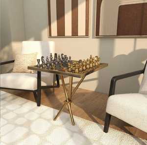 Mesa de ajedrez moderna de metal con marco dorado y tapa de vidrio para sala de estar, mueble decorativo - Product Image 4