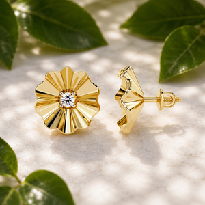 Pendientes de Oro Amarillo de 14K con Diamantes en Forma de Flor, Corte Brillante Redondo, Diamantes Cultivados en Laboratorio, Cierre de Rosca, Regalo de Boda - Product Image 2